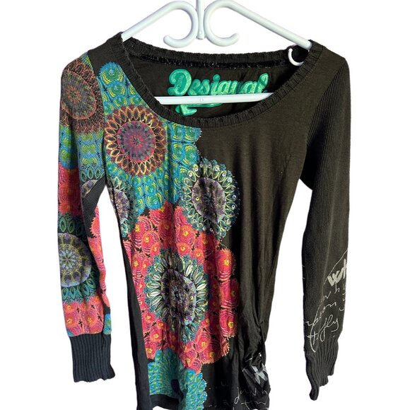 desigual brown floral orange and green long sleeve shirt - Picture 1 of 4